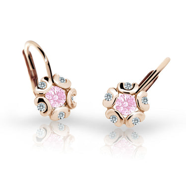 Dětské náušnice Danfil kytičky C2178 z růžového zlata s kamínkem Pink, zapínání klapka