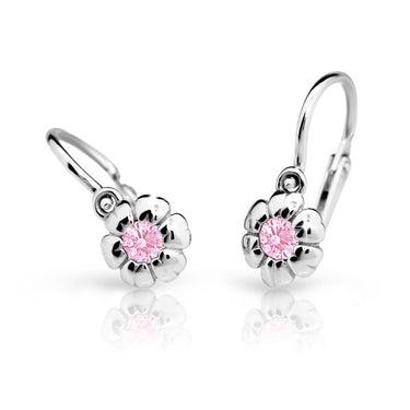 Dětské náušnice Danfil kytičky C2151 z bílého zlata s kamínkem Pink, zapínání brizura