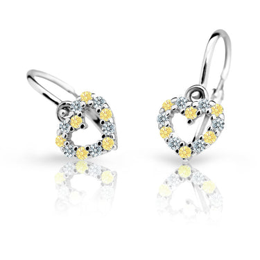 Dětské náušnice Danfil srdíčka C2157 z bílého zlata s kamínky Yellow, zapínání brizura