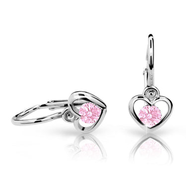 Dětské náušnice Danfil srdíčka C1943 z bílého zlata s kamínkem Pink, zapínání brizura