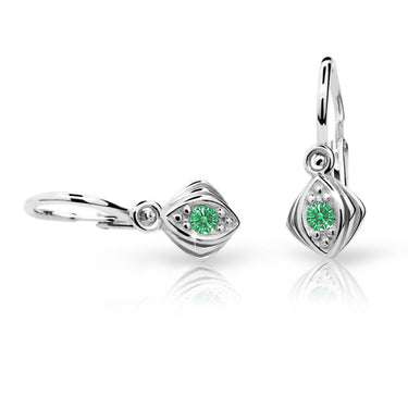 Dětské náušnice Danfil C1897 z bílého zlata s kamínkem Emerald Green, zapínání brizura
