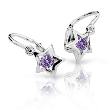 Dětské náušnice Danfil hvězdičky C1942 z bílého zlata s kamínkem Amethyst, zapínání brizura