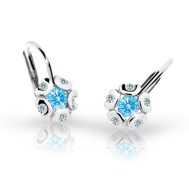 Dětské náušnice Danfil kytičky C2178 z bílého zlata s kamínkem Arctic Blue, zapínání klapka