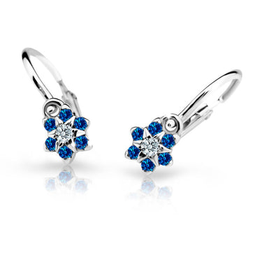 Dětské náušnice Danfil kytičky C2152 z bílého zlata s kamínky Dark Blue, zapínání brizura