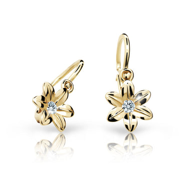 Dětské náušnice Danfil kytičky C1993 ze žlutého zlata s kamínkem White, zapínání brizura