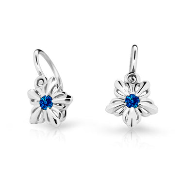 Dětské náušnice Danfil kytičky C2238 z bílého zlata s kamínkem Dark Blue, zapínání brizura