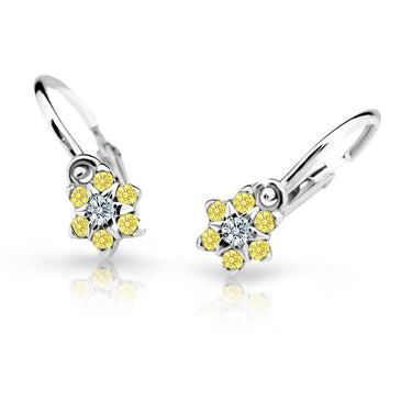 Dětské náušnice Danfil kytičky C2152 z bílého zlata s kamínky Yellow, zapínání brizura