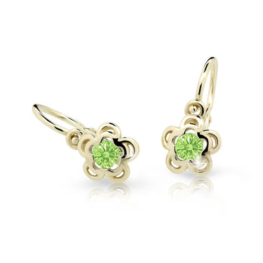 Dětské náušnice Danfil kytičky C2204 ze žlutého zlata s kamínkem Peridot Green, zapínání brizura