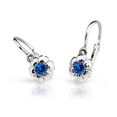 Dětské náušnice Danfil kytičky C2151 z bílého zlata s kamínkem Dark Blue, zapínání brizura