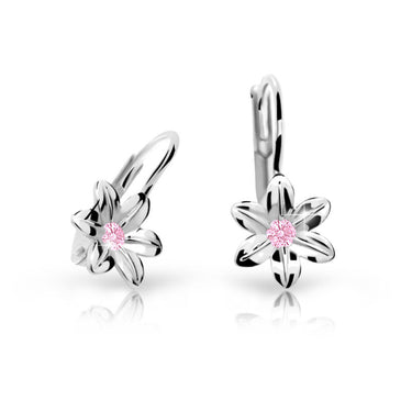 Dětské náušnice Danfil kytičky C1993 z bílého zlata s kamínkem Pink, zapínání klapka