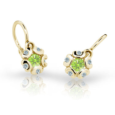 Dětské náušnice Danfil kytičky C2178 ze žlutého zlata s kamínkem Peridot Green, zapínání brizura