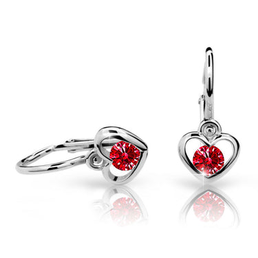 Dětské náušnice Danfil srdíčka C1943 z bílého zlata s kamínkem Ruby Dark, zapínání brizura