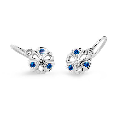Dětské náušnice Danfil kytičky C2230 z bílého zlata s kamínky Dark Blue, zapínání brizura
