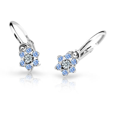 Dětské náušnice Danfil kytičky C2152 z bílého zlata s kamínky Arctic Blue, zapínání brizura