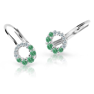 Dětské náušnice Danfil C2154 z bílého zlata s kamínky Emerald Green, zapínání klapka