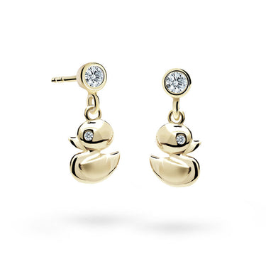Dětské visací náušnice Danfil kačenky C1954 ze žlutého zlata s kamínkem White, zapínání puzeta