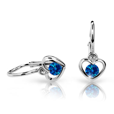 Dětské náušnice Danfil srdíčka C1943 z bílého zlata s kamínkem Dark Blue, zapínání brizura