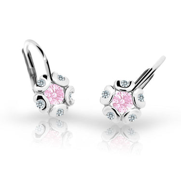Dětské náušnice Danfil kytičky C2178 z bílého zlata s kamínkem Pink, zapínání klapka