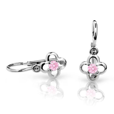 Dětské náušnice Danfil kytičky C1944 z bílého zlata s kamínkem Pink, zapínání brizura
