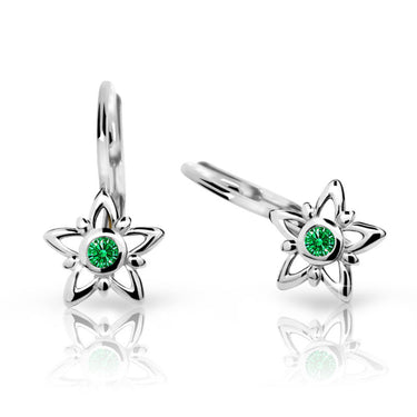 Dětské náušnice Danfil hvězdičky C1996 z bílého zlata s kamínkem Emerald Green, zapínání klapka