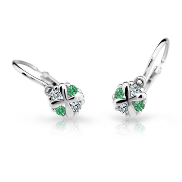 Dětské náušnice Danfil C2153 z bílého zlata s kamínky Emerald Green, zapínání brizura