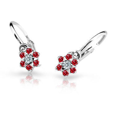Dětské náušnice Danfil kytičky C2152 z bílého zlata s kamínky Ruby Dark, zapínání brizura