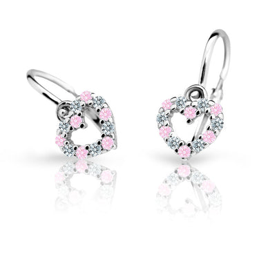 Dětské náušnice Danfil srdíčka C2157 z bílého zlata s kamínky Pink, zapínání brizura