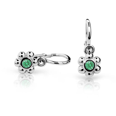 Dětské náušnice Danfil kytičky C2031 z bílého zlata s kamínkem Emerald Green, zapínání brizura