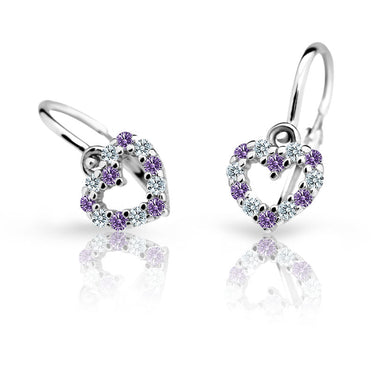 Dětské náušnice Danfil srdíčka C2157 z bílého zlata s kamínky Amethyst, zapínání brizura