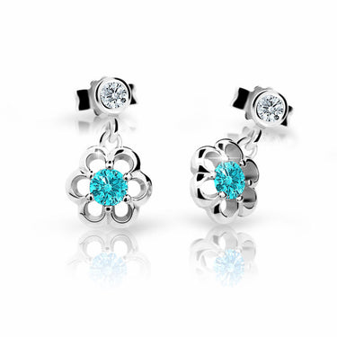 Dětské visací náušnice Danfil kytičky C1947 z bílého zlata s kamínkem Mint Green, zapínání puzeta