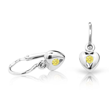 Dětské náušnice Danfil srdíčka C1556 z bílého zlata s kamínkem Yellow, zapínání brizura