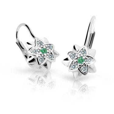 Dětské náušnice Danfil kytičky C2210 z bílého zlata s kamínkem Emerald Green, zapínání klapka