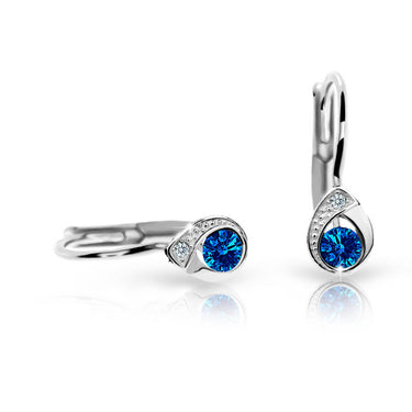 Dětské náušnice Danfil kapky C1898 z bílého zlata s kamínkem Dark Blue, zapínání klapka