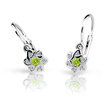 Dětské náušnice Danfil kytičky C2149 z bílého zlata s kamínkem Peridot Green, zapínání brizura