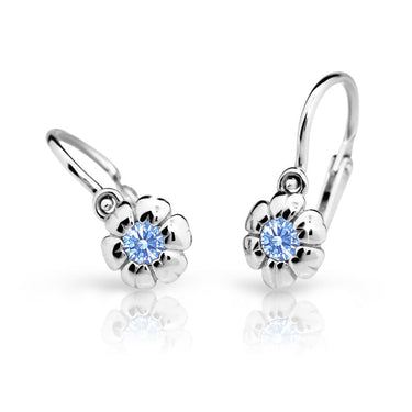 Dětské náušnice Danfil kytičky C2151 z bílého zlata s kamínkem Arctic Blue, zapínání brizura