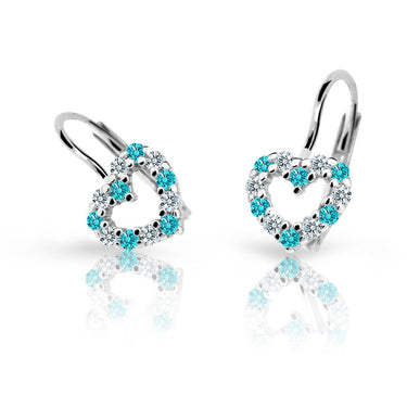 Dětské náušnice Danfil srdíčka C2157 z bílého zlata s kamínky Mint Green, zapínání klapka