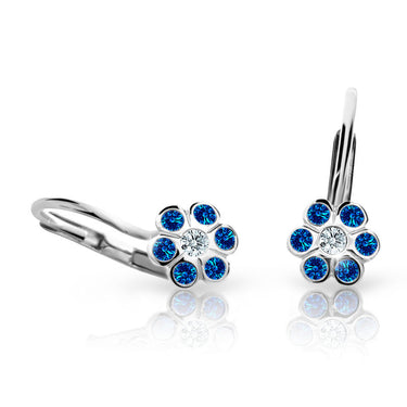 Dětské náušnice Danfil kytičky C1737 z bílého zlata s kamínky Dark Blue, zapínání klapka