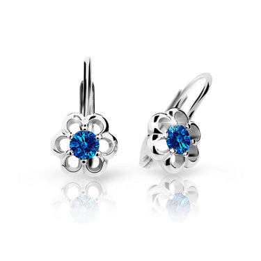 Dětské náušnice Danfil kytičky C1947 z bílého zlata s kamínkem Dark Blue, zapínání klapka
