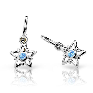 Dětské náušnice Danfil hvězdičky C1996 z bílého zlata s kamínkem Arctic Blue, zapínání brizura