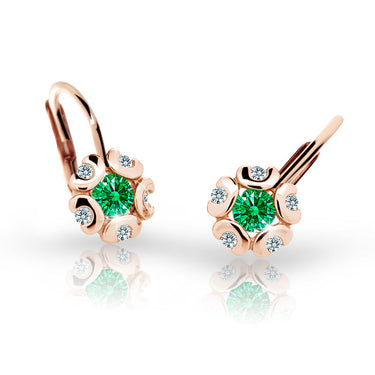 Dětské náušnice Danfil kytičky C2178 z růžového zlata s kamínkem Emerald Green, zapínání klapka