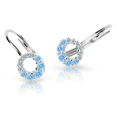 Dětské náušnice Danfil C2154 z bílého zlata s kamínky Arctic Blue, zapínání klapka