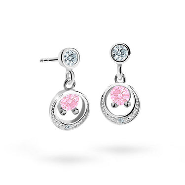 Dětské visací náušnice Danfil C1997 z bílého zlata s kamínkem Pink, zapínání puzeta