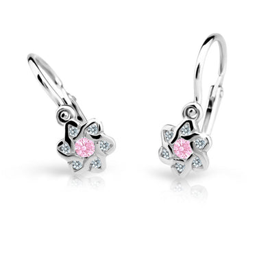 Dětské náušnice Danfil kytičky C2149 z bílého zlata s kamínkem Pink, zapínání brizura