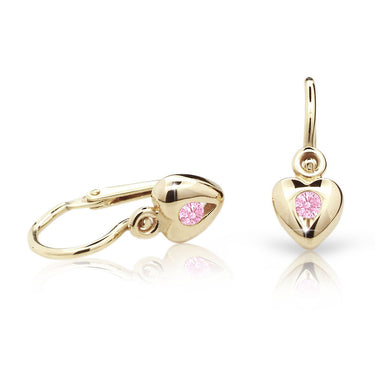 Dětské náušnice Danfil srdíčka C1556 ze žlutého zlata s kamínkem Pink, zapínání brizura