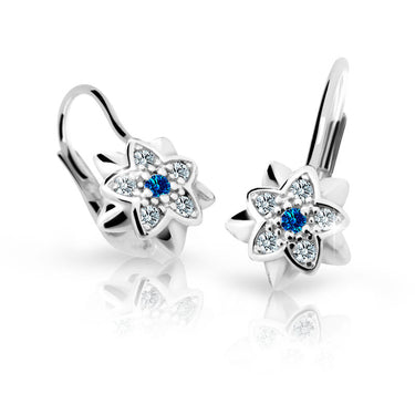 Dětské náušnice Danfil kytičky C2210 z bílého zlata s kamínkem Dark Blue, zapínání klapka