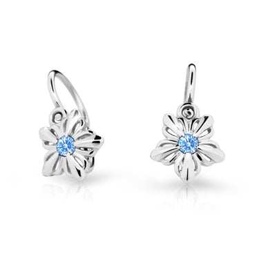 Dětské náušnice Danfil kytičky C2238 z bílého zlata s kamínkem Arctic Blue, zapínání brizura