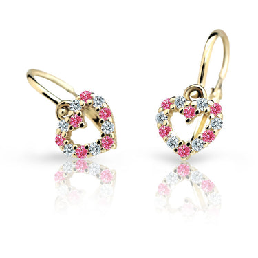 Dětské náušnice Danfil srdíčka C2157 ze žlutého zlata s kamínky Tcf Red, zapínání brizura
