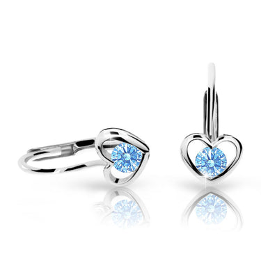 Dětské náušnice Danfil srdíčka C1943 z bílého zlata s kamínkem Arctic Blue, zapínání klapka