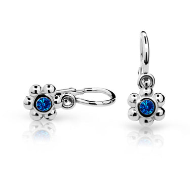 Dětské náušnice Danfil kytičky C2031 z bílého zlata s kamínkem Dark Blue, zapínání brizura