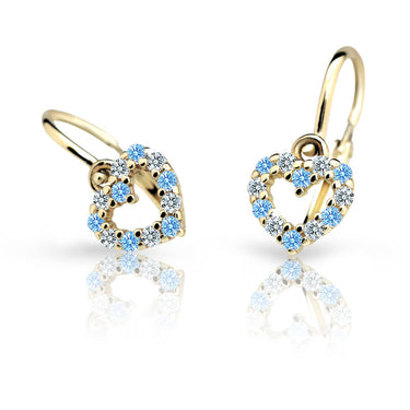 Dětské náušnice Danfil srdíčka C2157 ze žlutého zlata s kamínky Arctic Blue, zapínání brizura